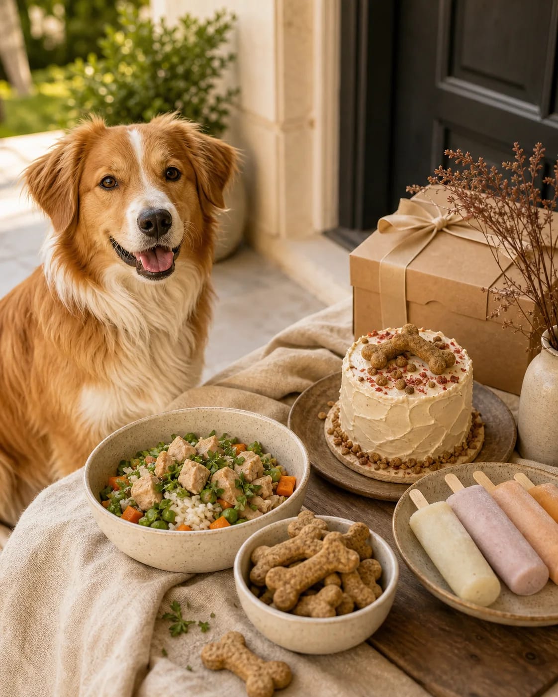 Dog beside fresh meals, biscuits, soft rewards and a celebration cake